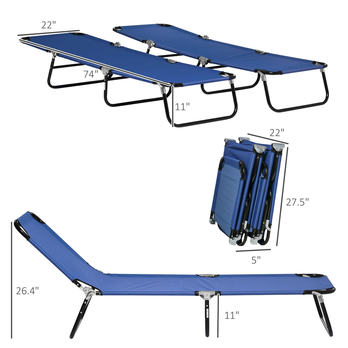 Blue 2 Pieces Folding Chaise Lounge Chair with 5-Level Back H7387