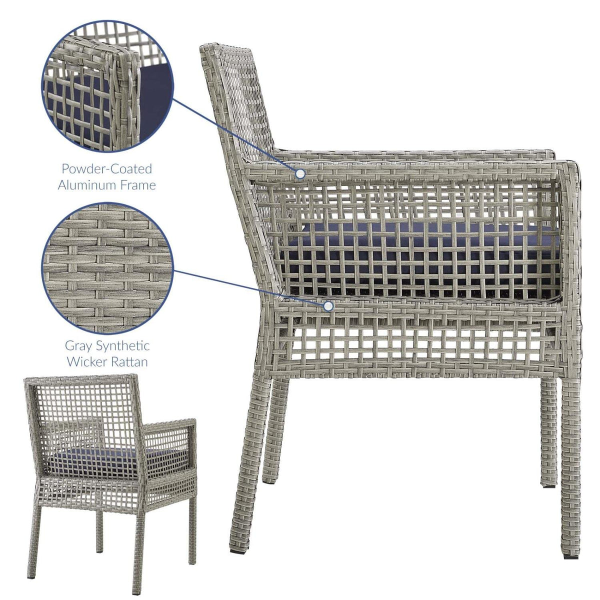 Gray Navy Wicker Rattan Outdoor Dining Arm Chair with Cushion Q67897