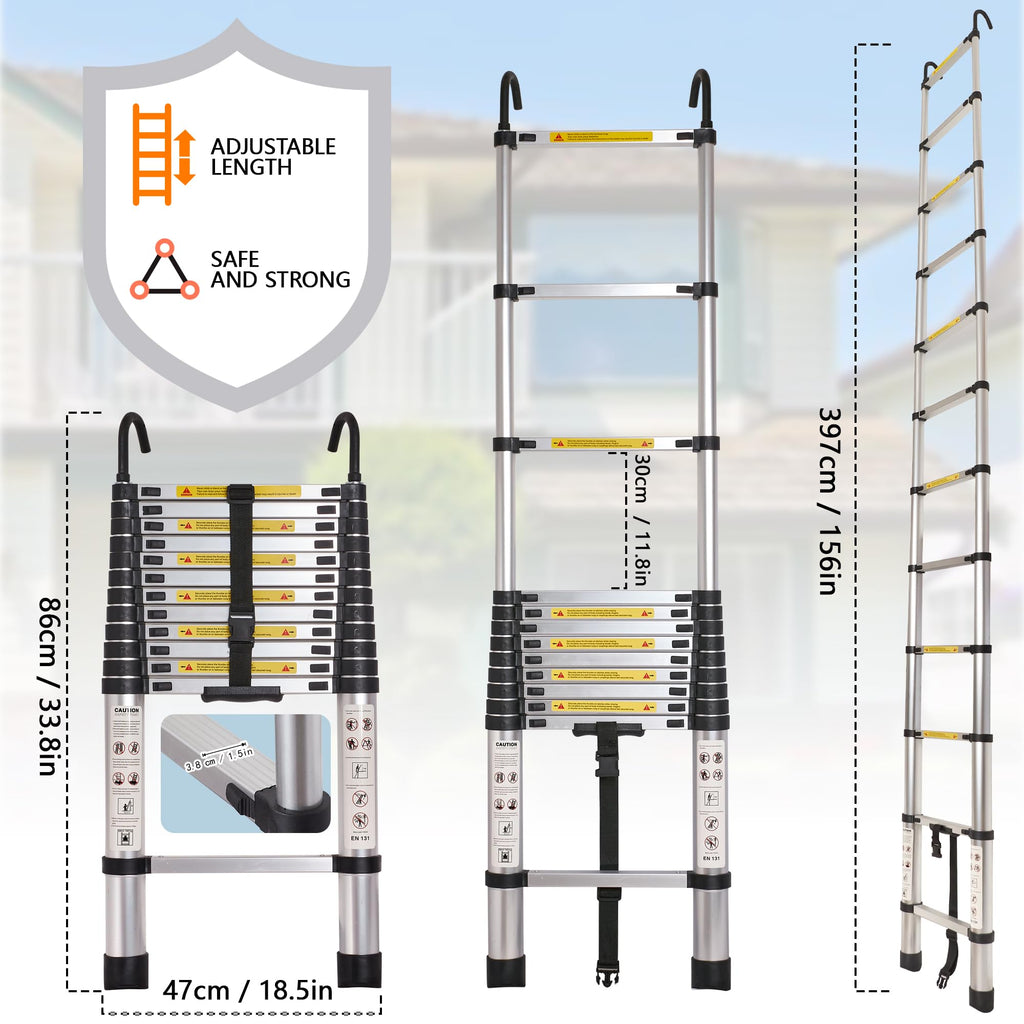 12.5 FT Aluminum Telescoping Ladder with 2 Hooks E158368