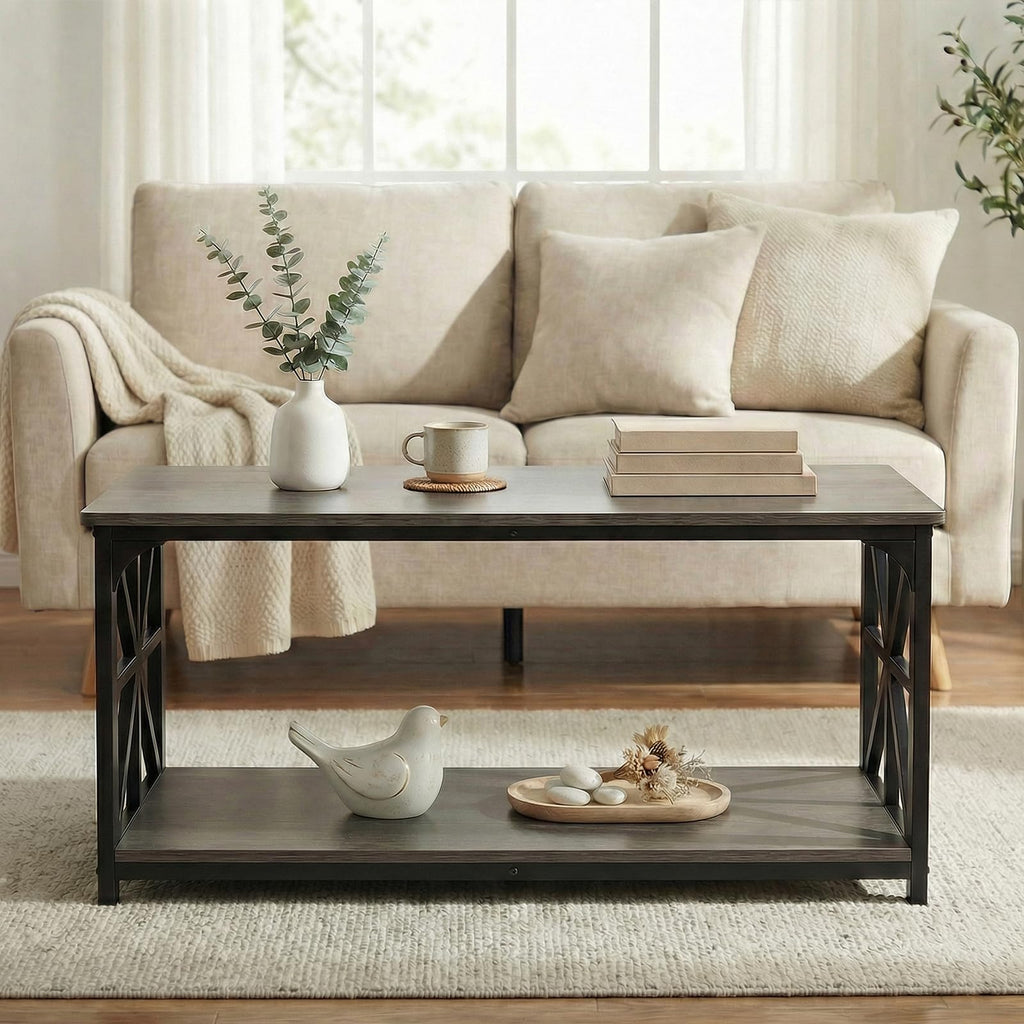 2-Tier Rectangular Coffee Table with Wooden Top and Metal Frame D593887