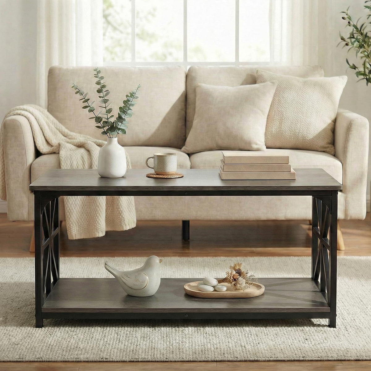 2-Tier Rectangular Coffee Table with Wooden Top and Metal Frame D593887