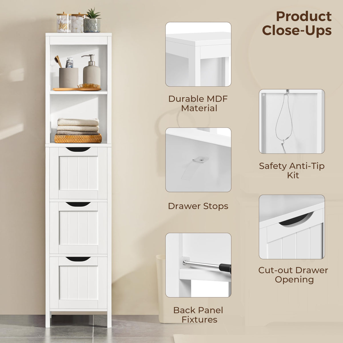 56" Tall Narrow White Bathroom Storage Cabinet with 3 Drawers J7739
