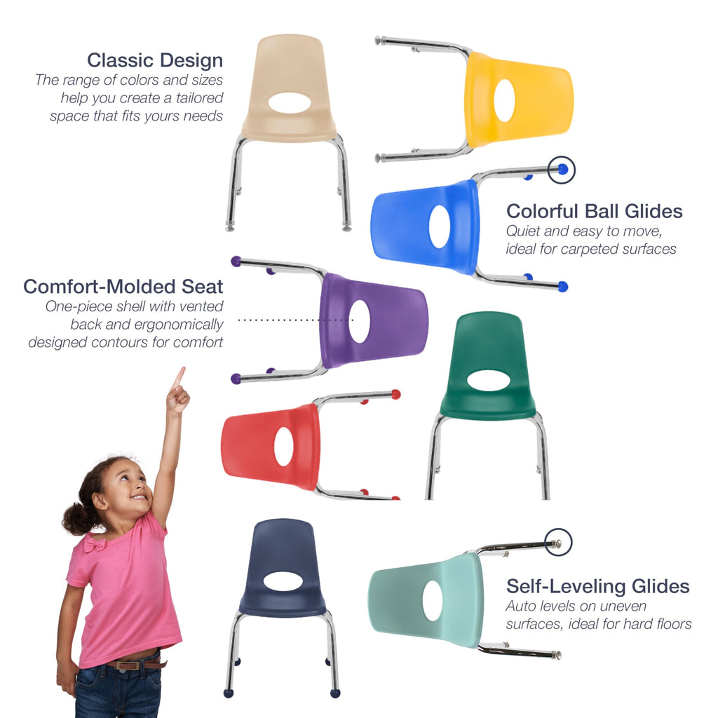 12" School Stack Chair with Ball Glides, Navy, 6-Pack A19300