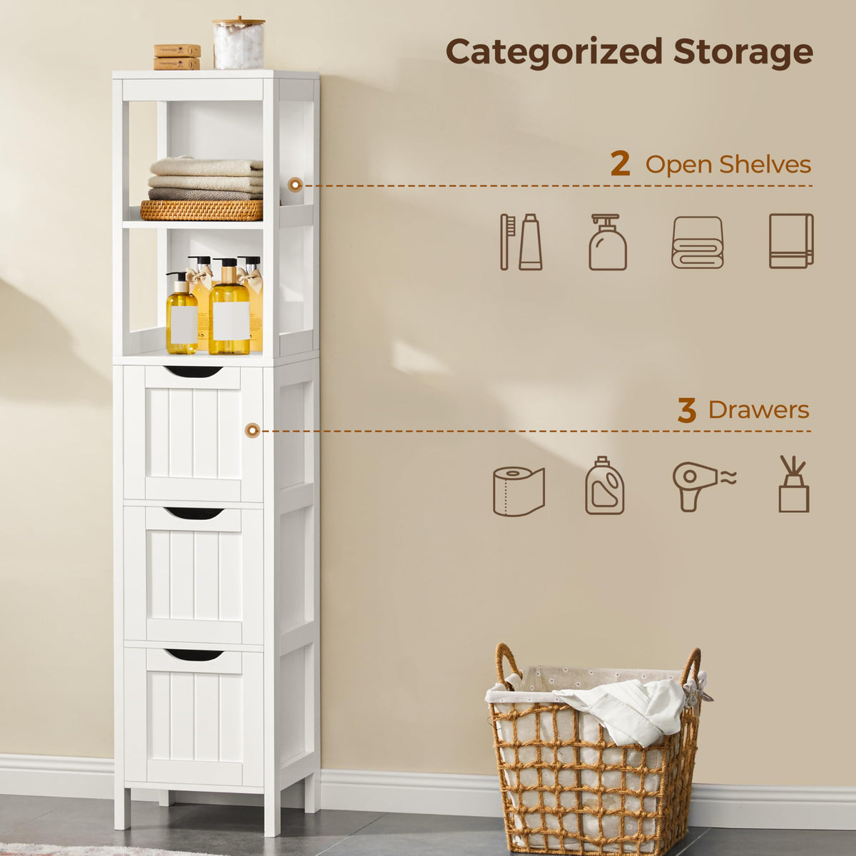 56" Tall Narrow White Bathroom Storage Cabinet with 3 Drawers J7739