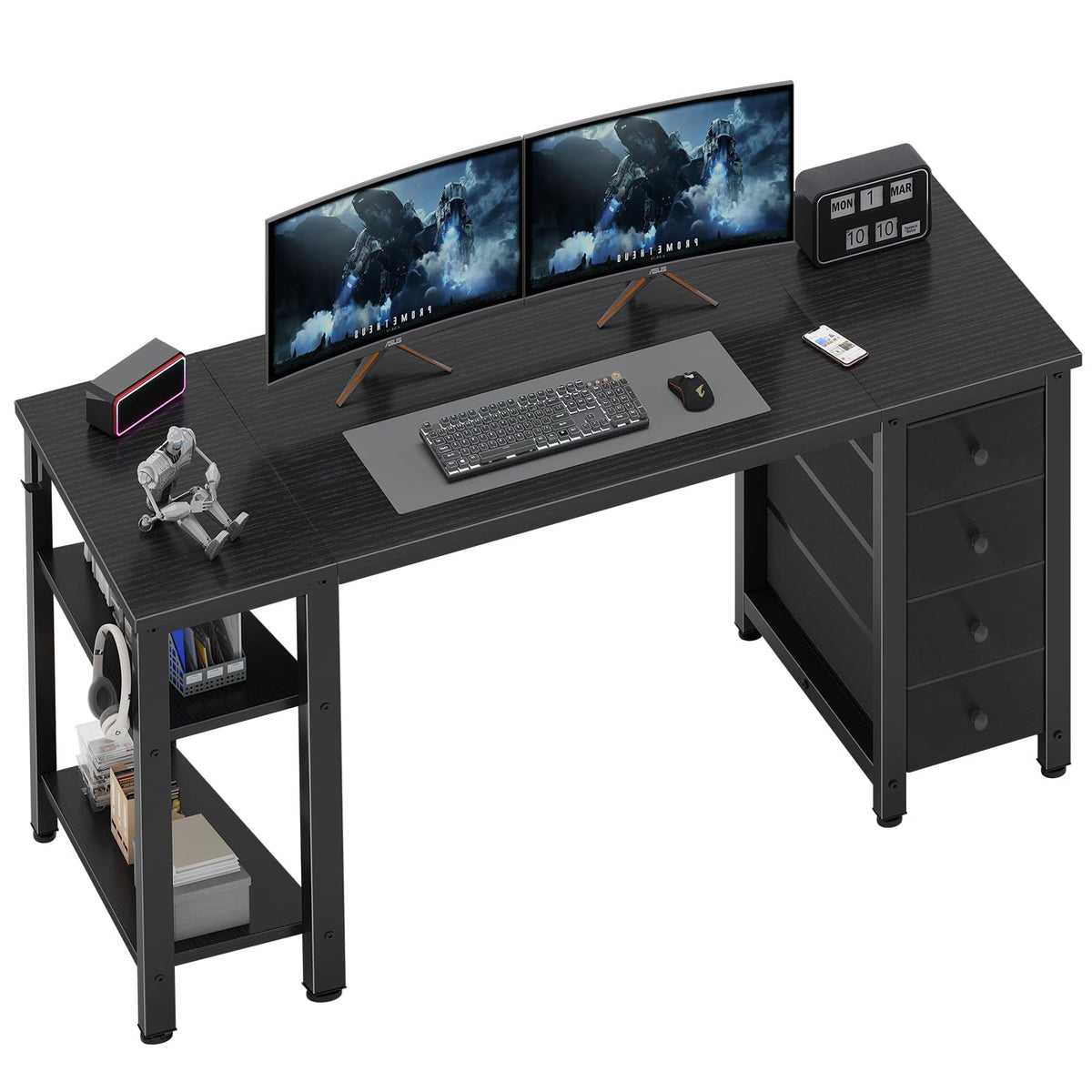 Black 55 inch Gaming Desk with 4 Drawers and Shelves B927