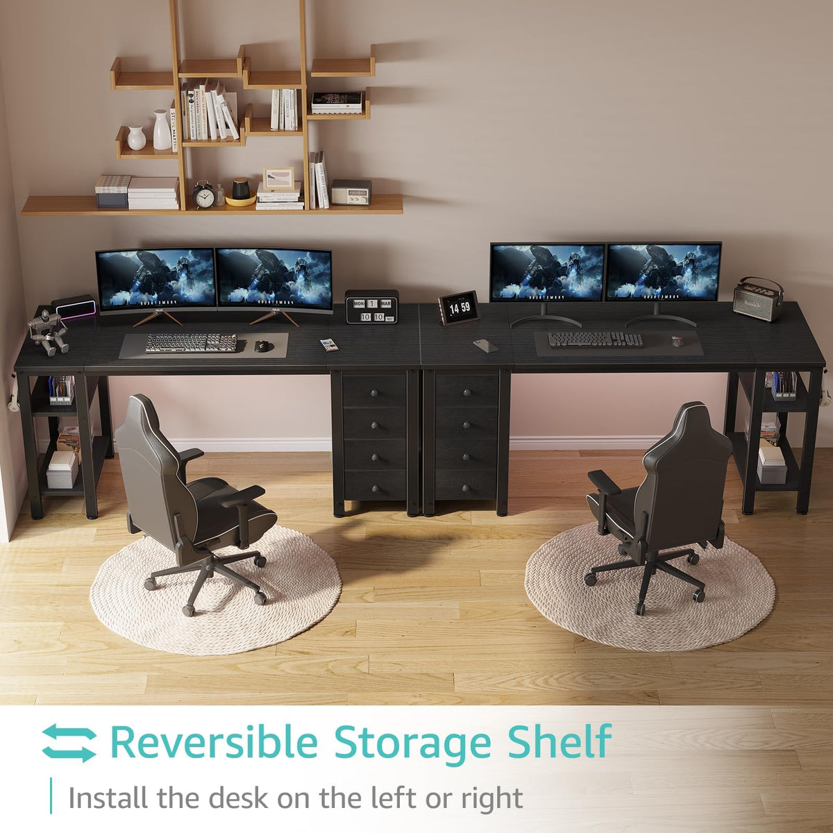 Black 55 inch Gaming Desk with 4 Drawers and Shelves B927