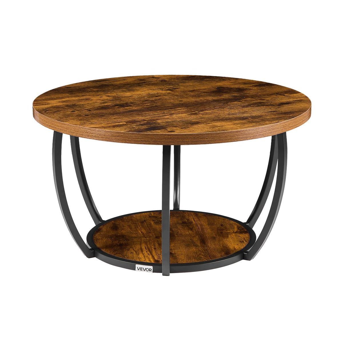 Round Coffee Table, 31.5" 2 Tiers Wooden with Metal Frame, Rustic Brown R817382