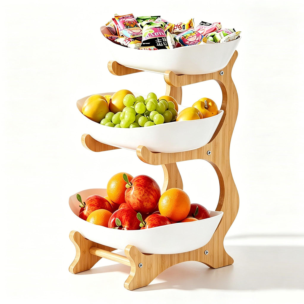3 Tier Plastic Fruit Bowl with Bamboo Stand X2714