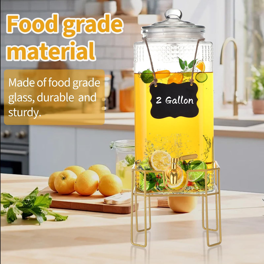 2 Gallon Drink Dispenser with Stand, Glass Lid and Stainless Steel Spigot X99936