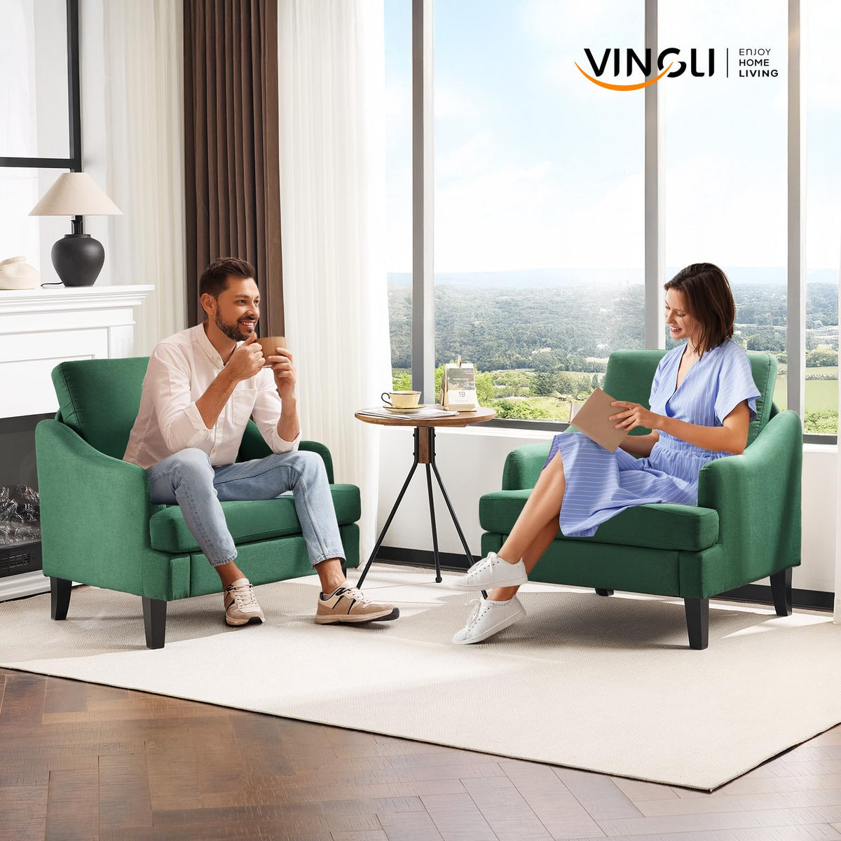 Green Linen Fabric Accent Chairs Set of 2 V16280
