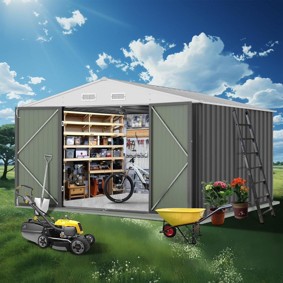 12X10FT Metal Storage Shed with Lockable Doors B6096