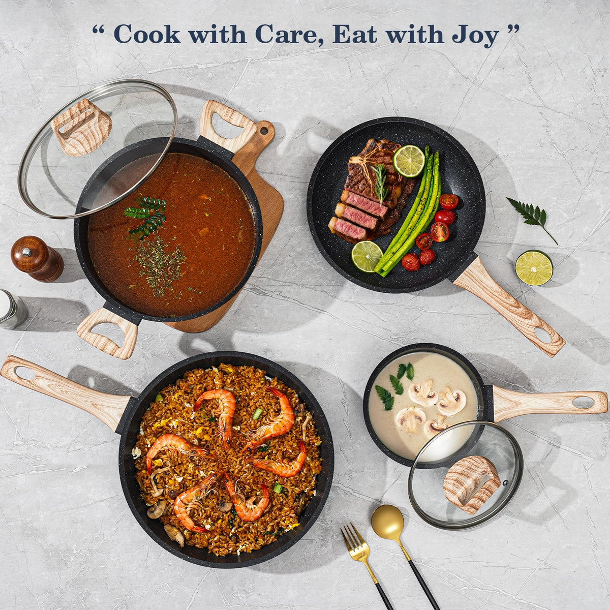 Non Stick 12Pcs Black Granite Induction Cookware I18880