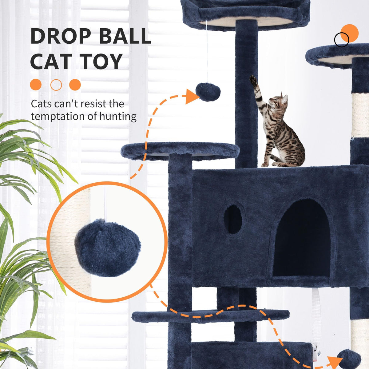 70 Inch Navy Blue Cat Tree Tower with Scratching Post B45005