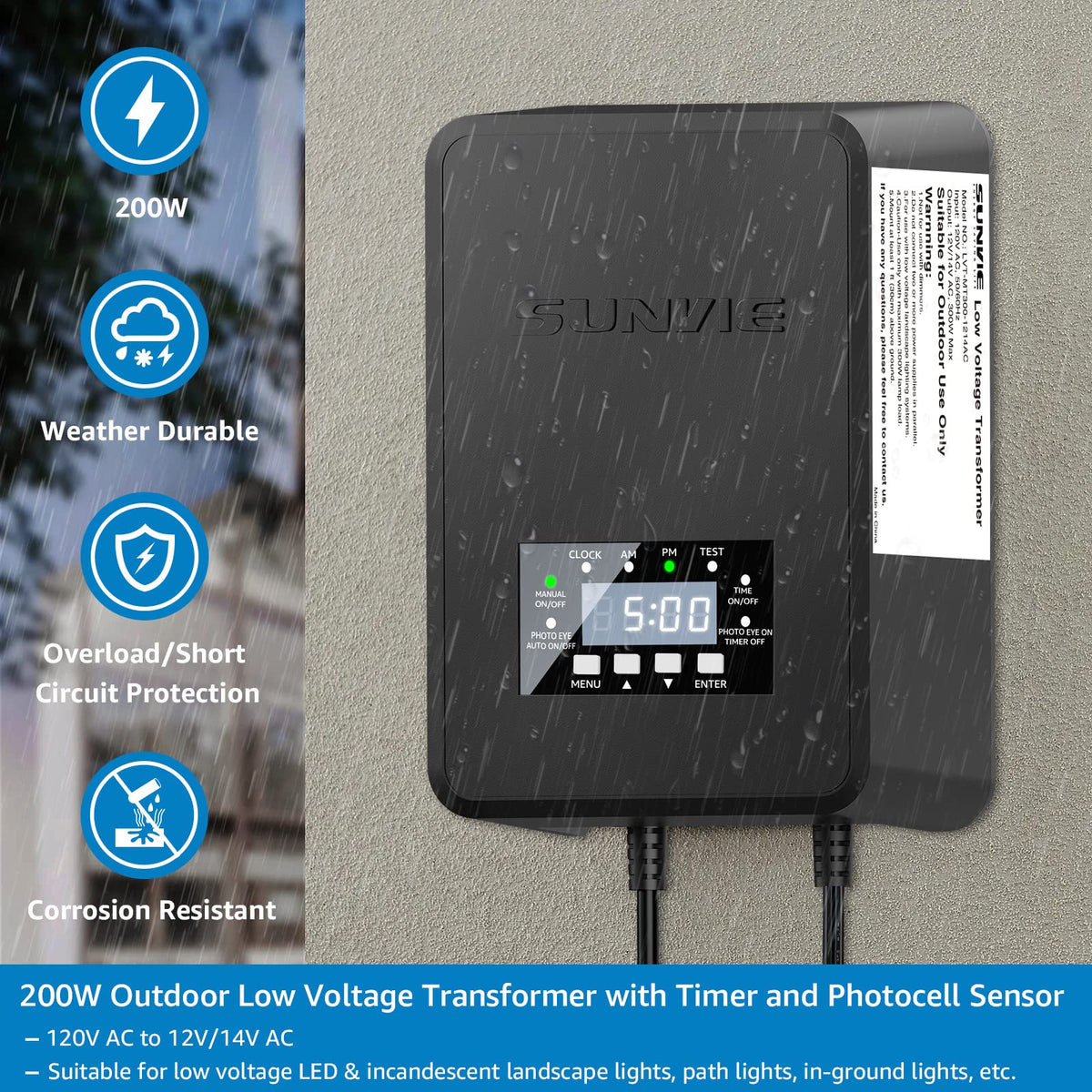 200W Low Voltage Landscape Transformer with Timer & Photocell Sensor B7849