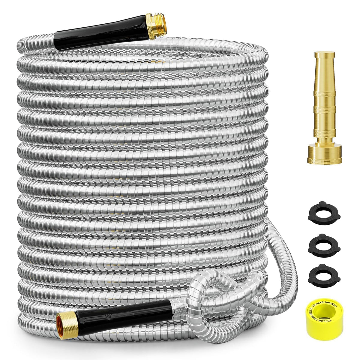 100ft 304 Stainless Steel Metal Garden Hose with Rubber Grip H2624