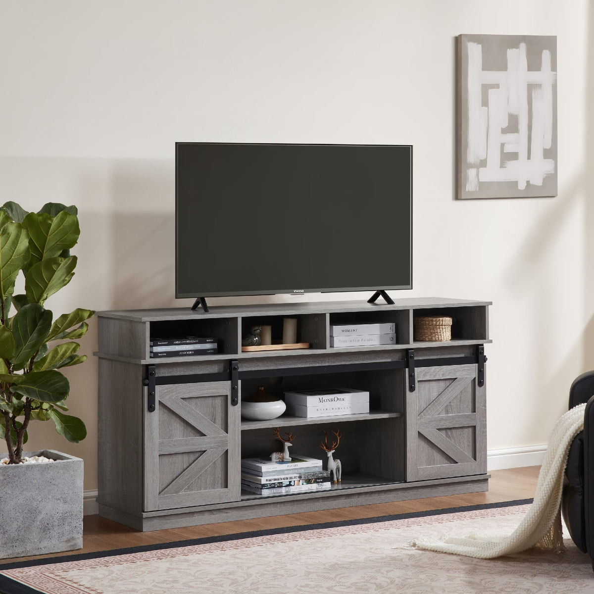 65" Grey Farmhouse TV Stand with Sliding Doors F524