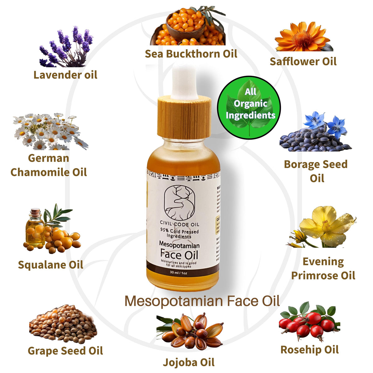 Organic Anti Aging Facial Oil with Sea Buckthorn, Jojoba, Squalane & Lavender 1oz U8693