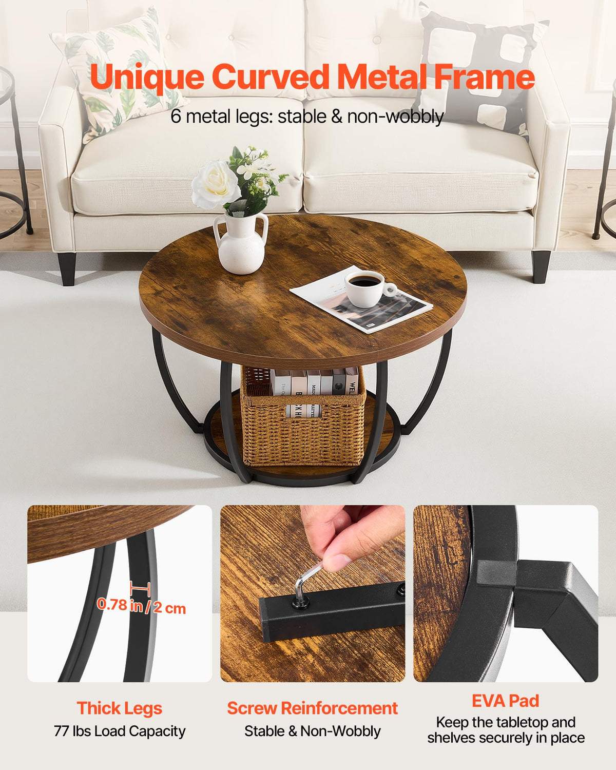 Round Coffee Table, 31.5" 2 Tiers Wooden with Metal Frame, Rustic Brown R817382