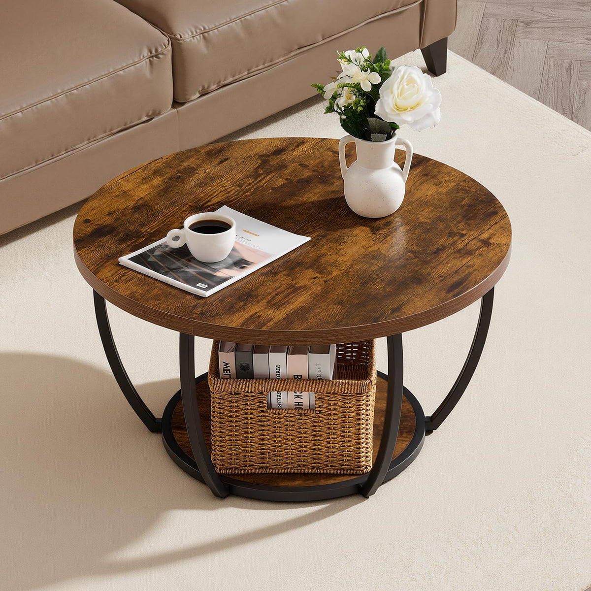 Round Coffee Table, 31.5" 2 Tiers Wooden with Metal Frame, Rustic Brown R817382