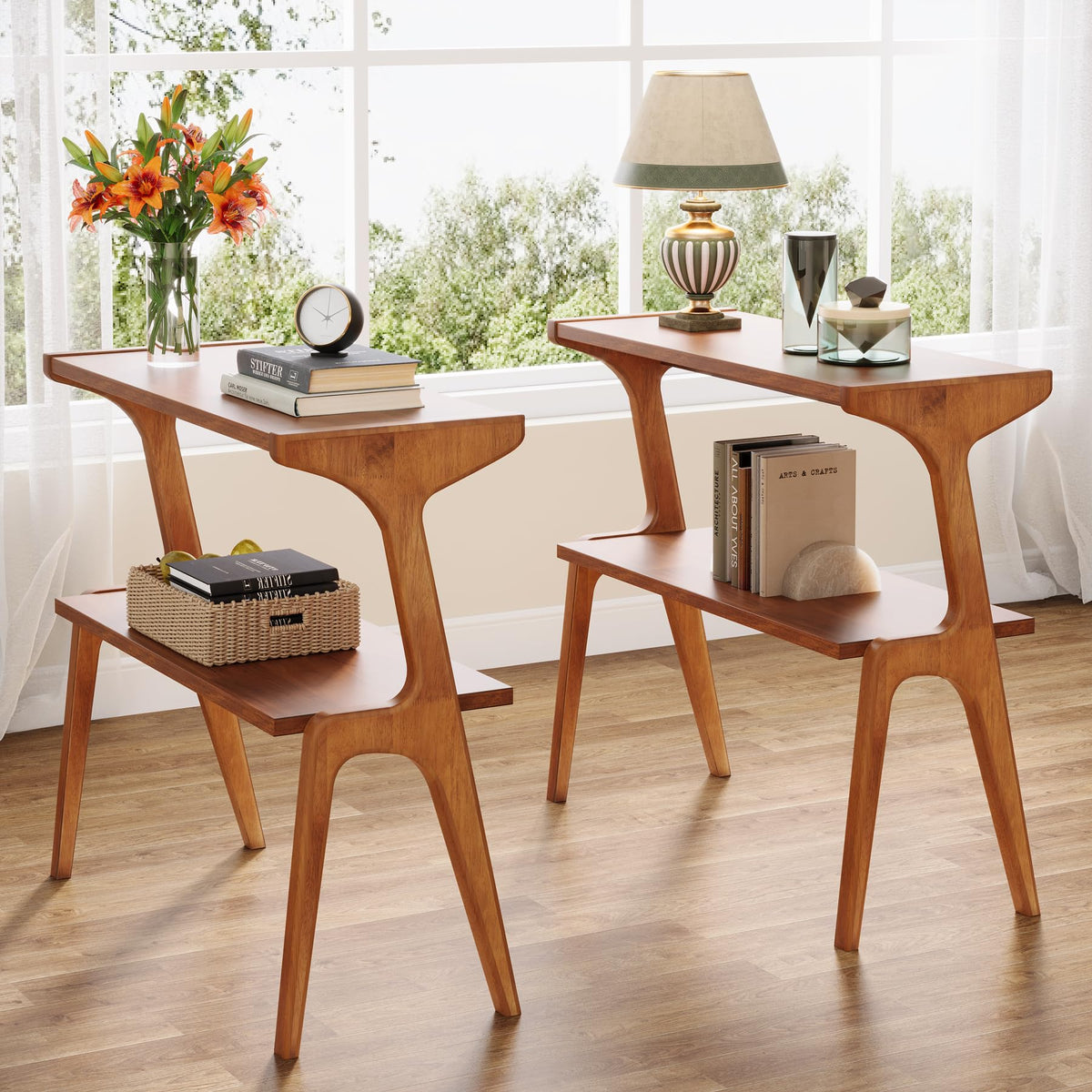 Wood 2-Tier End Table with Storage Shelves G983795