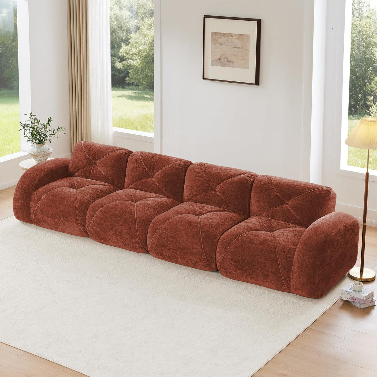 140" Orange Velvet Sofa with Tufted 32D Sponge I828