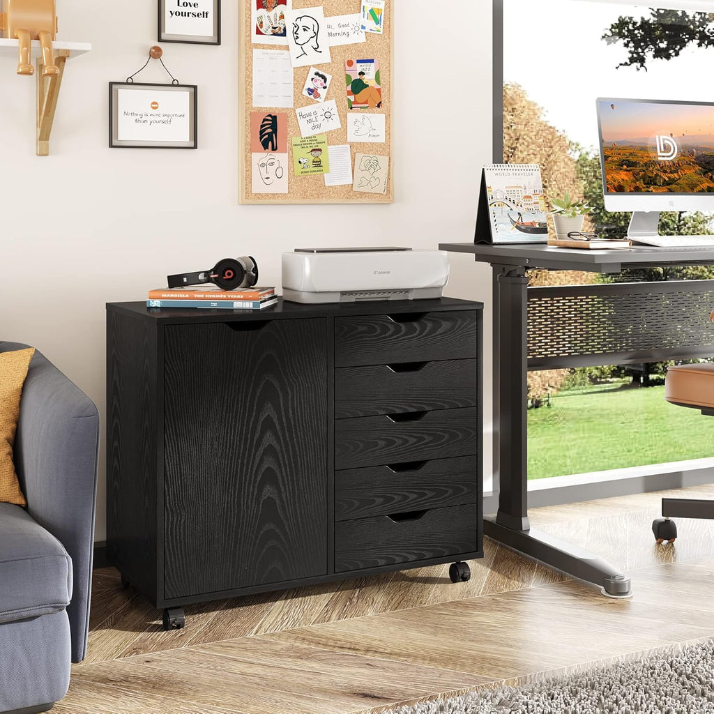 Black 5 Drawer Wood Storage Cabinet with Wheels Y40180