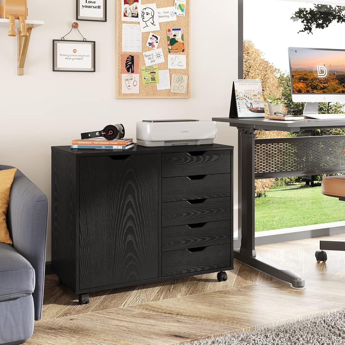 Black 5 Drawer Wood Storage Cabinet with Wheels Y40180
