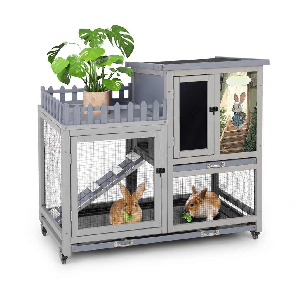 Wood Rabbit Hutch with Balcony on Wheels J235021