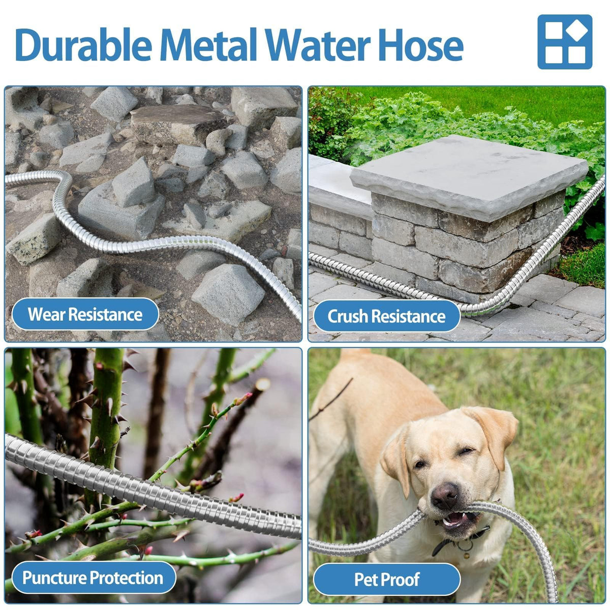 100ft 304 Stainless Steel Metal Garden Hose with Rubber Grip H2624