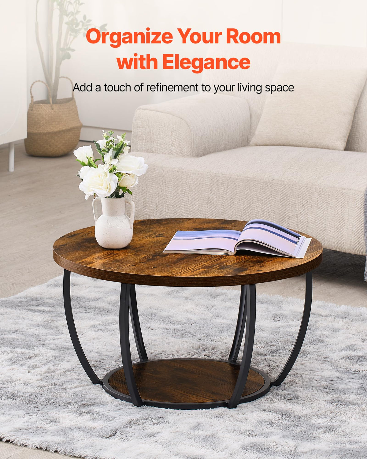 Round Coffee Table, 31.5" 2 Tiers Wooden with Metal Frame, Rustic Brown R817382