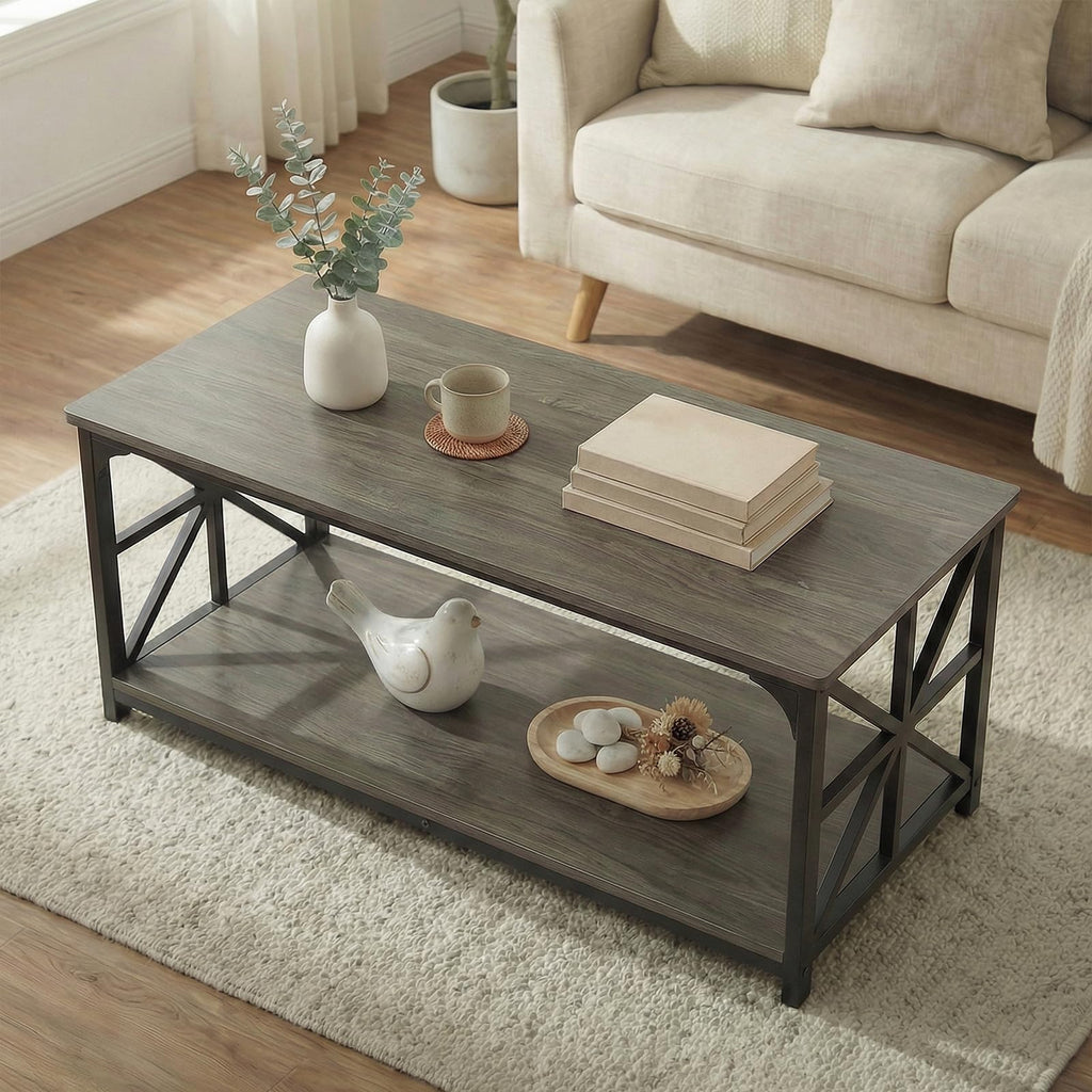 2-Tier Rectangular Coffee Table with Wooden Top and Metal Frame D593887