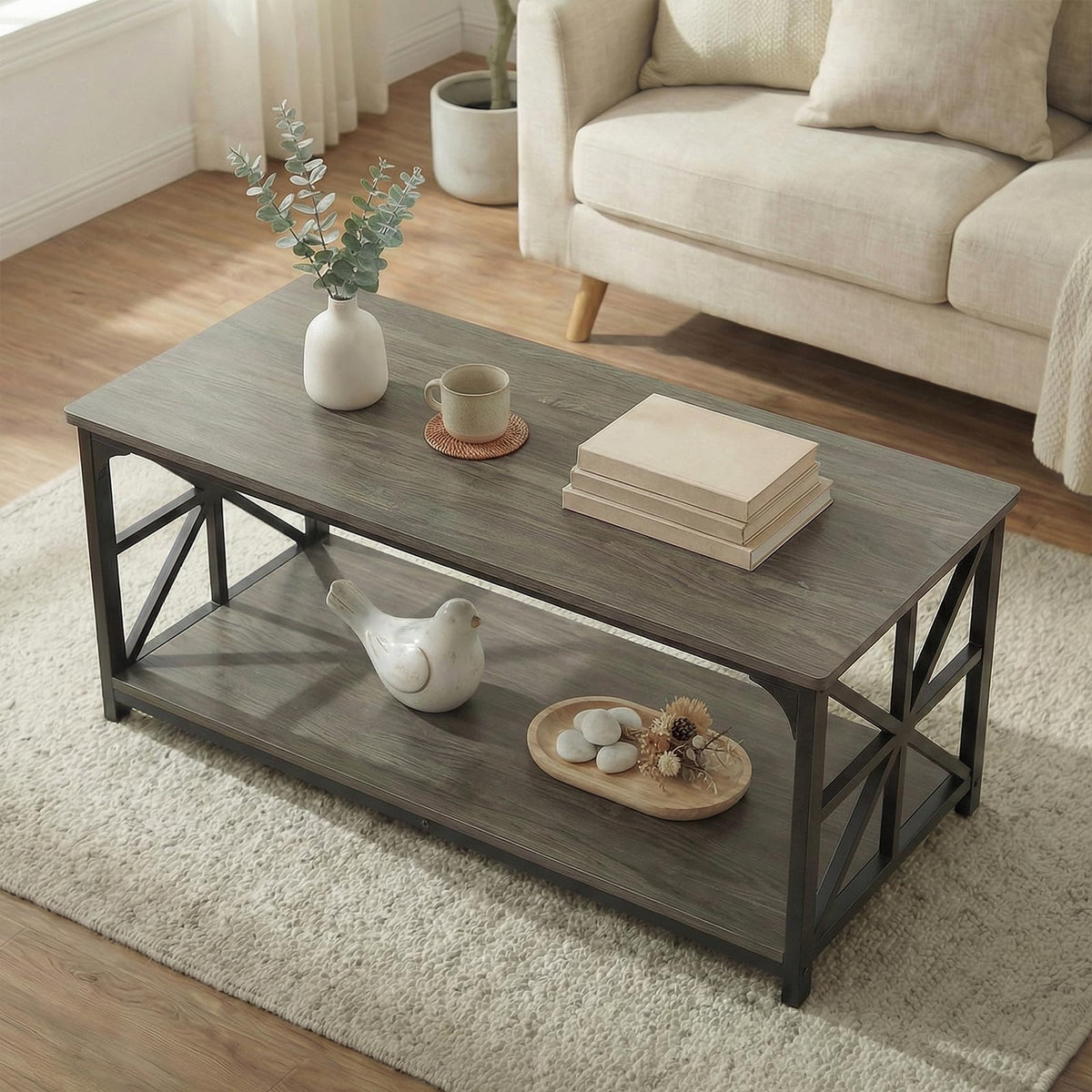 2-Tier Rectangular Coffee Table with Wooden Top and Metal Frame D593887
