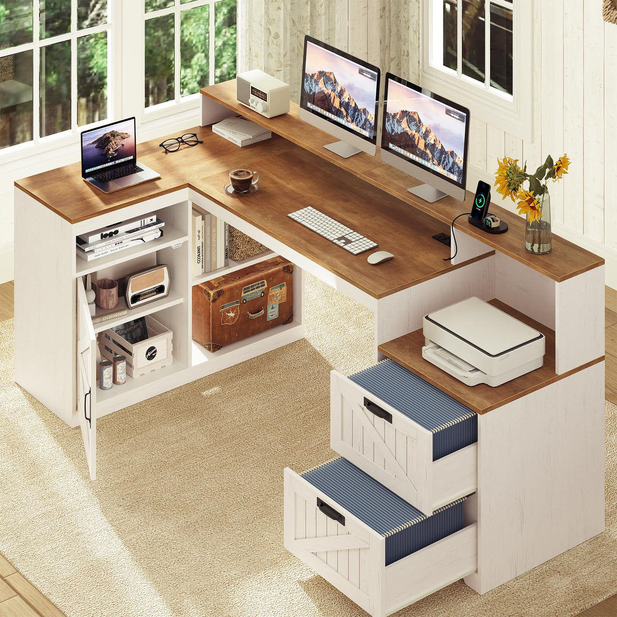 63" L Shaped Desk with Drawers and Printer Stand H698835