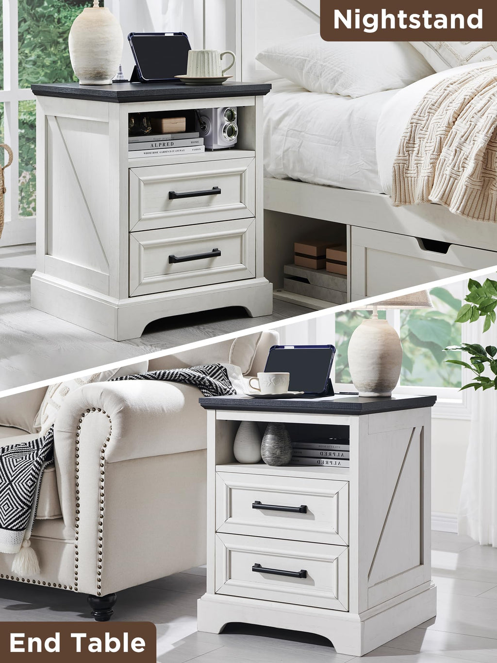 18" Antique White Nightstand with Charging Station E4857