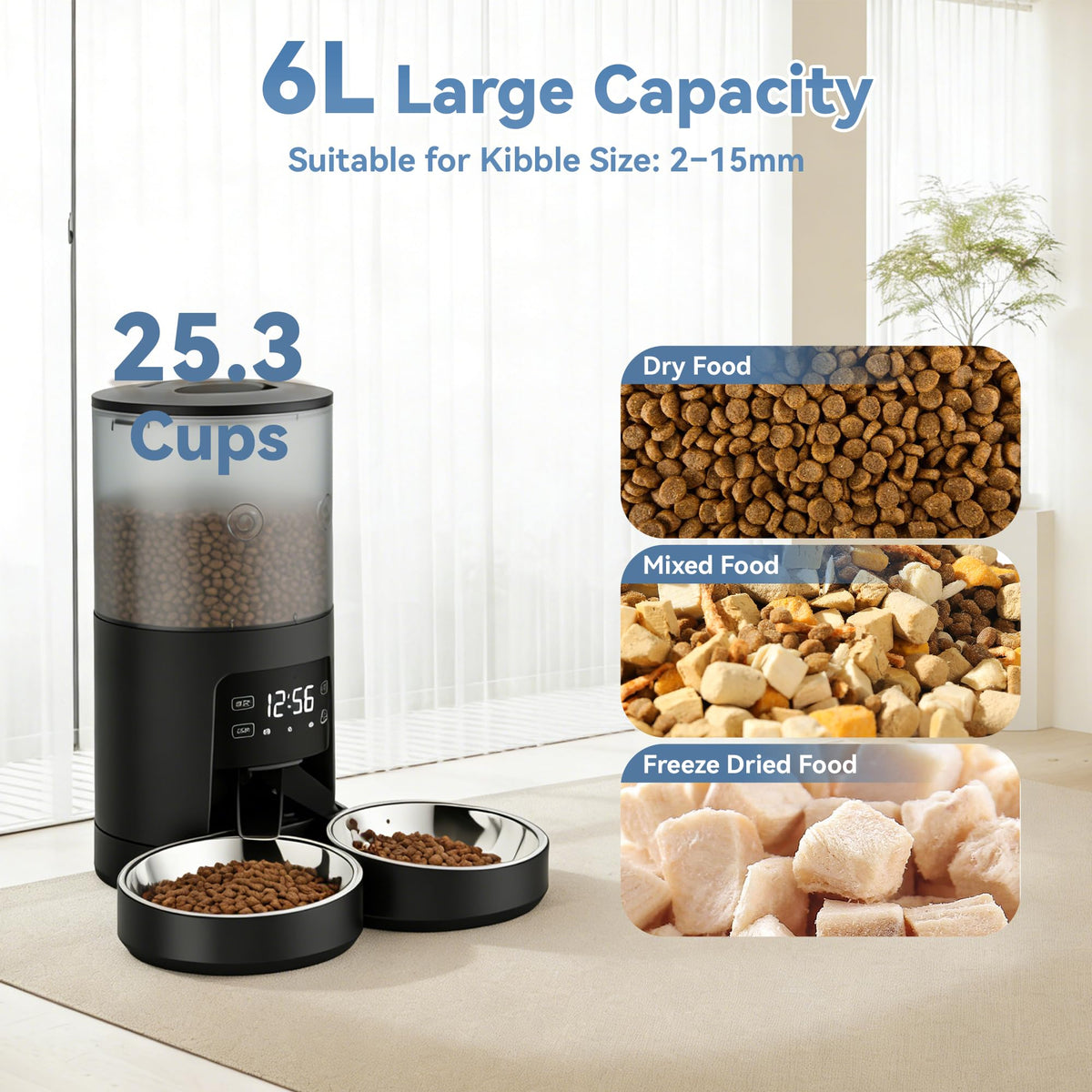 6L Automatic Cat Feeder with 2 Stainless Bowls Black N548950