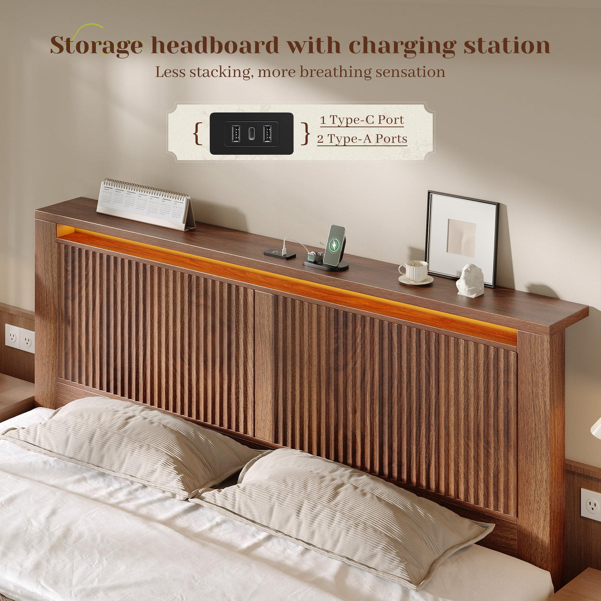 King Bed Frame with 2 Drawers and Storage Headboard D14430