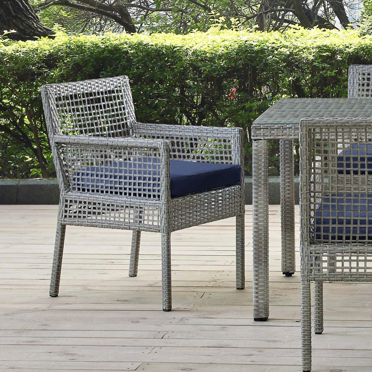 Gray Navy Wicker Rattan Outdoor Dining Arm Chair with Cushion Q67897