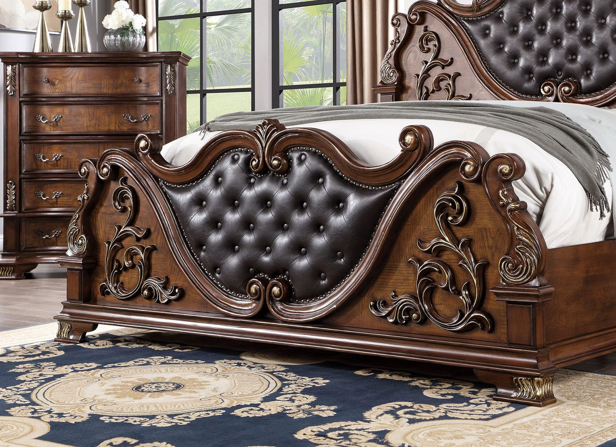 Brown Cherry California King Bed Frame with Tufted Leatherette Headboard C57129