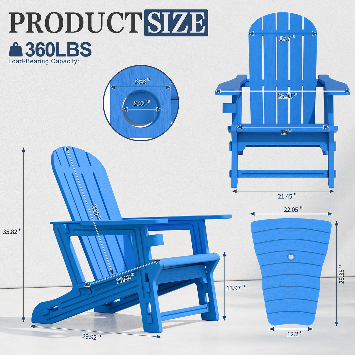 Light Blue HDPE Plastic Adirondack Chair Set of 2 with Tabletop H220