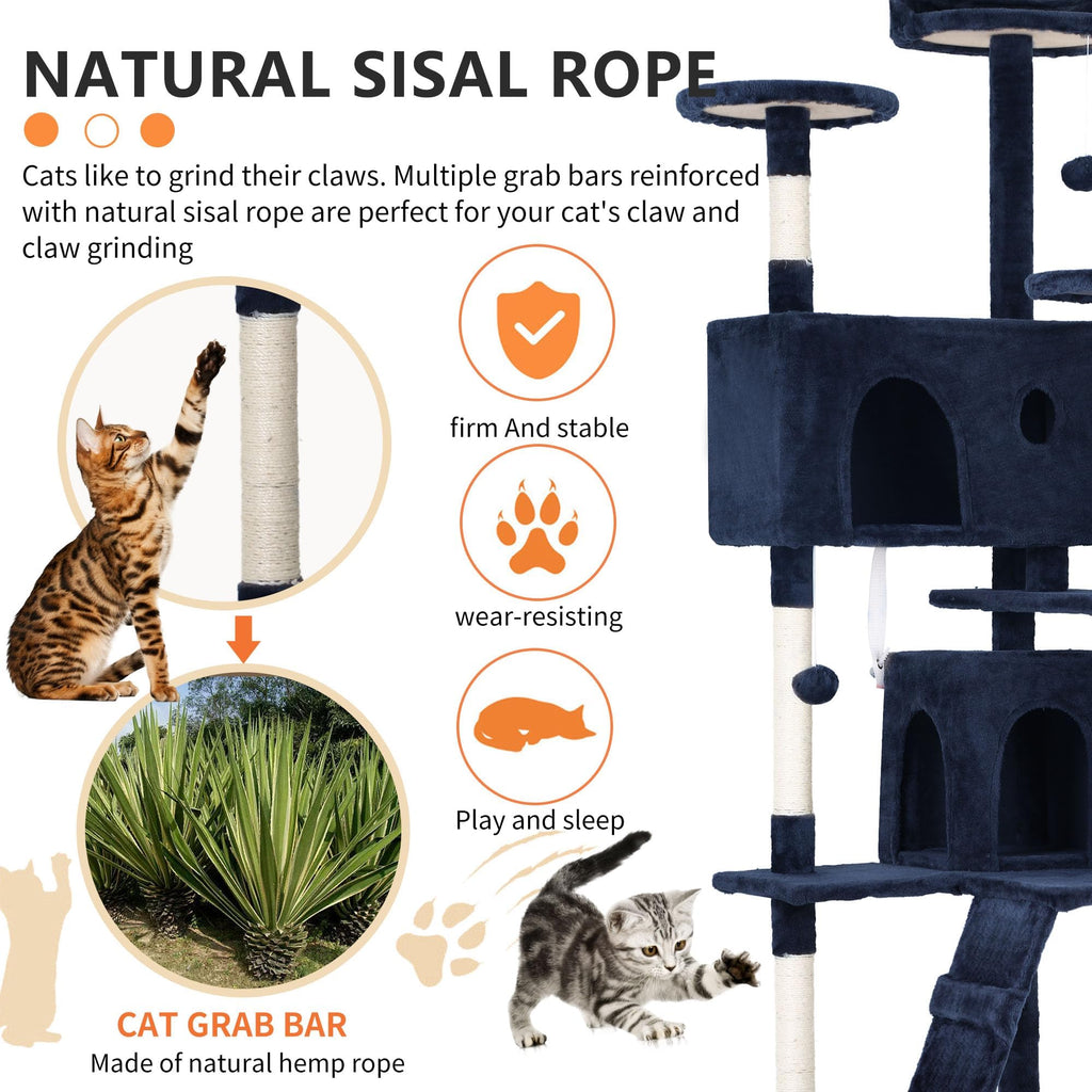 70 Inch Navy Blue Cat Tree Tower with Scratching Post B45005