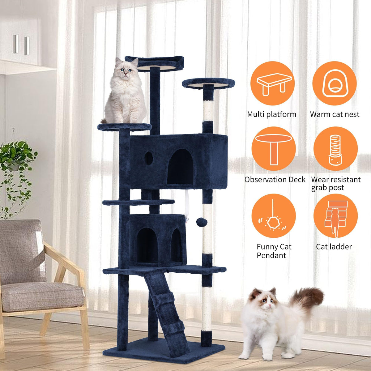 70 Inch Navy Blue Cat Tree Tower with Scratching Post B45005