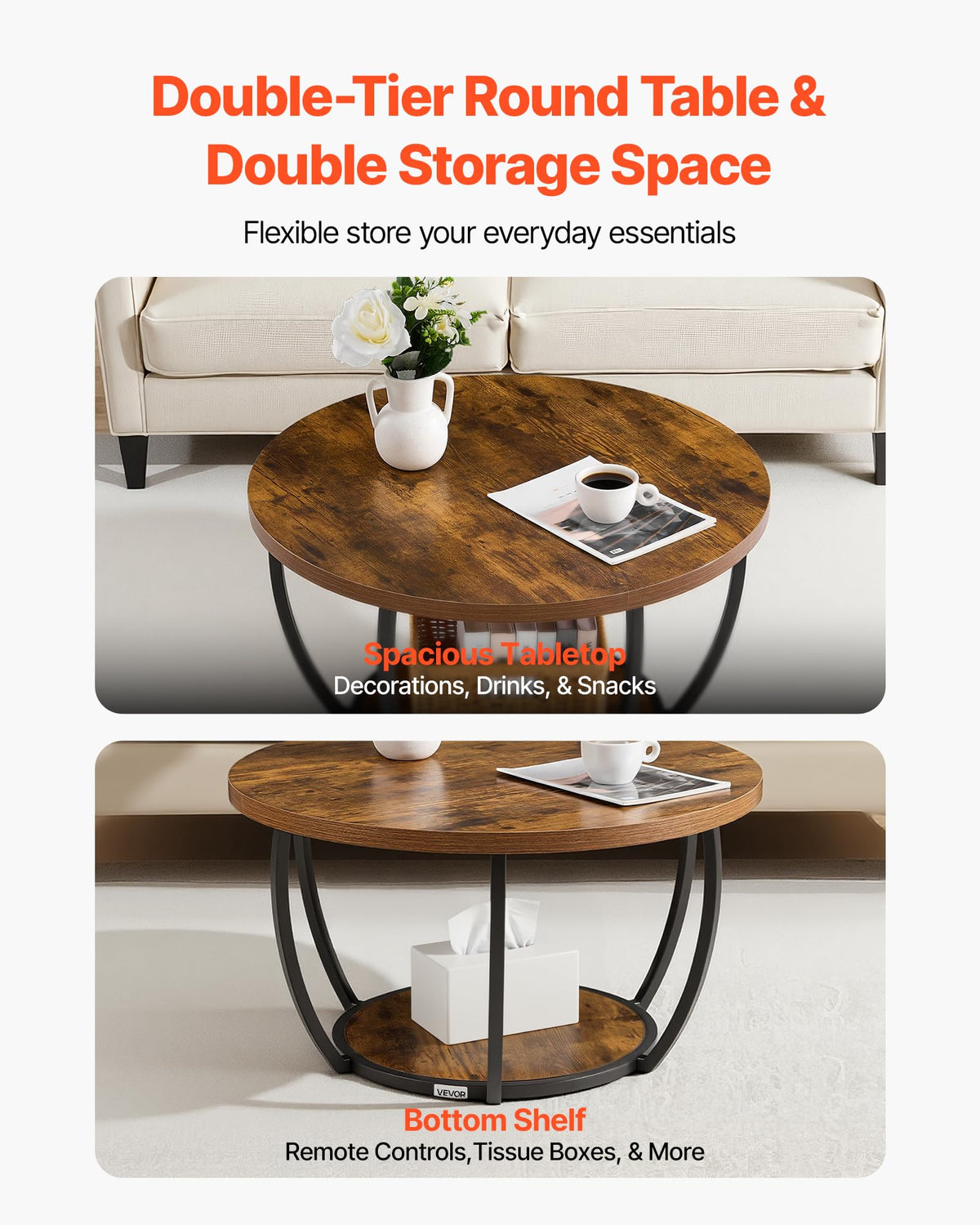 Round Coffee Table, 31.5" 2 Tiers Wooden with Metal Frame, Rustic Brown R817382