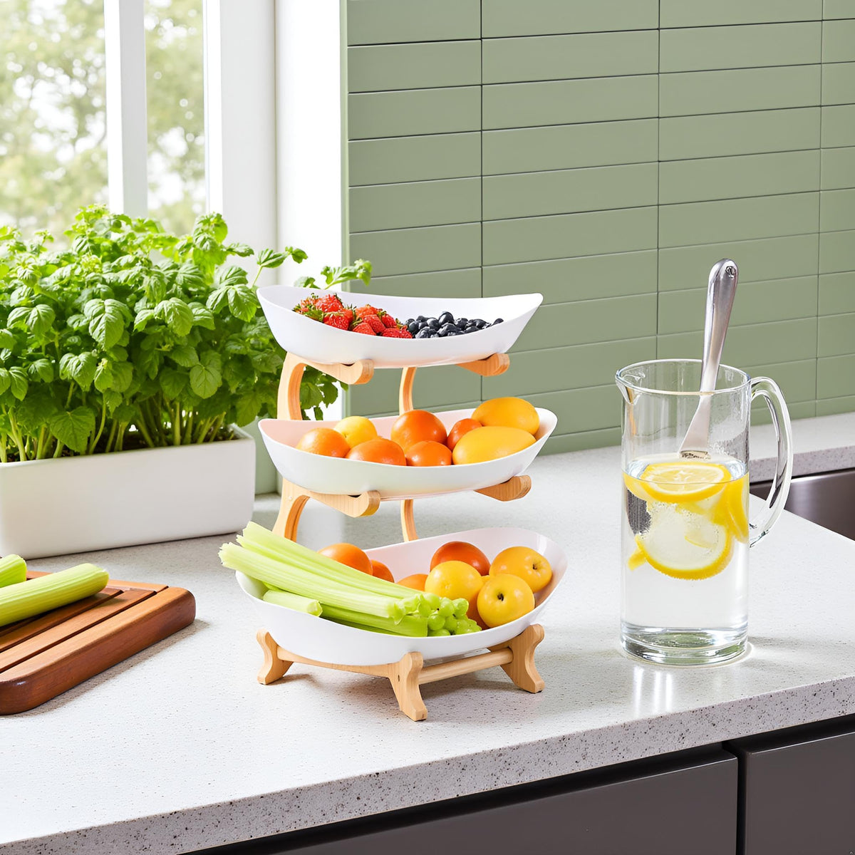 3 Tier Plastic Fruit Bowl with Bamboo Stand X2714