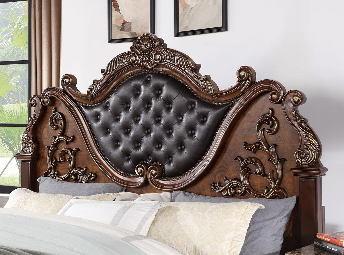 Brown Cherry California King Bed Frame with Tufted Leatherette Headboard C57129