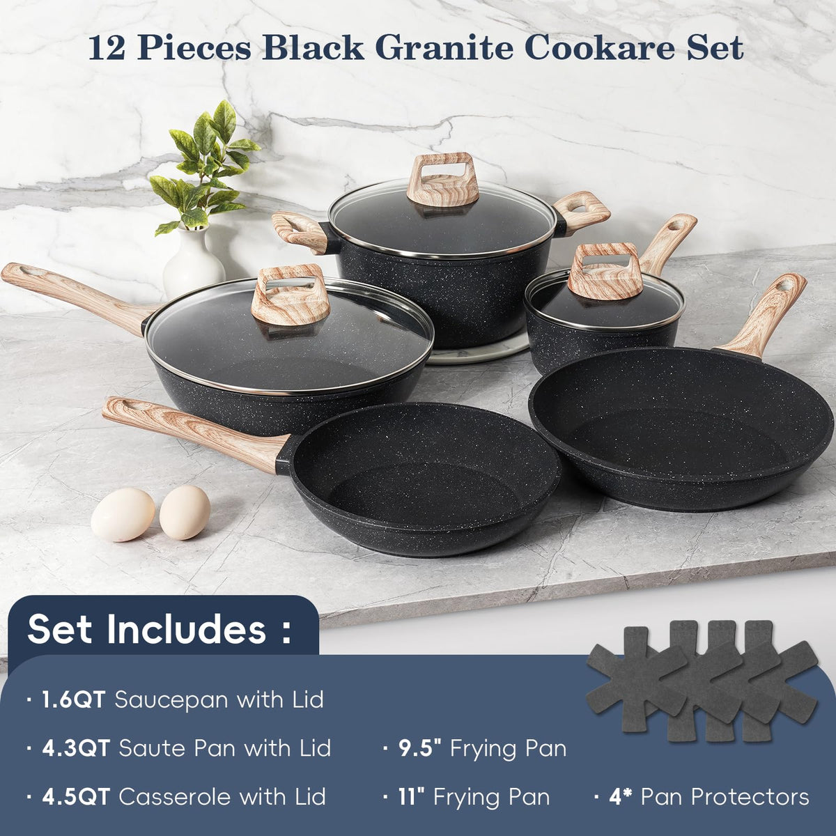 Non Stick 12Pcs Black Granite Induction Cookware I18880