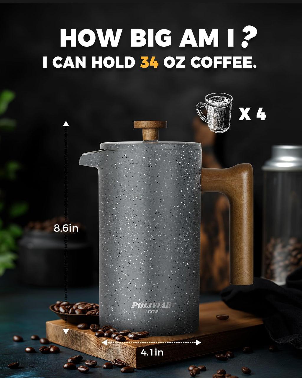 34 Ounce Double Wall Insulation French Press Coffee Maker C286