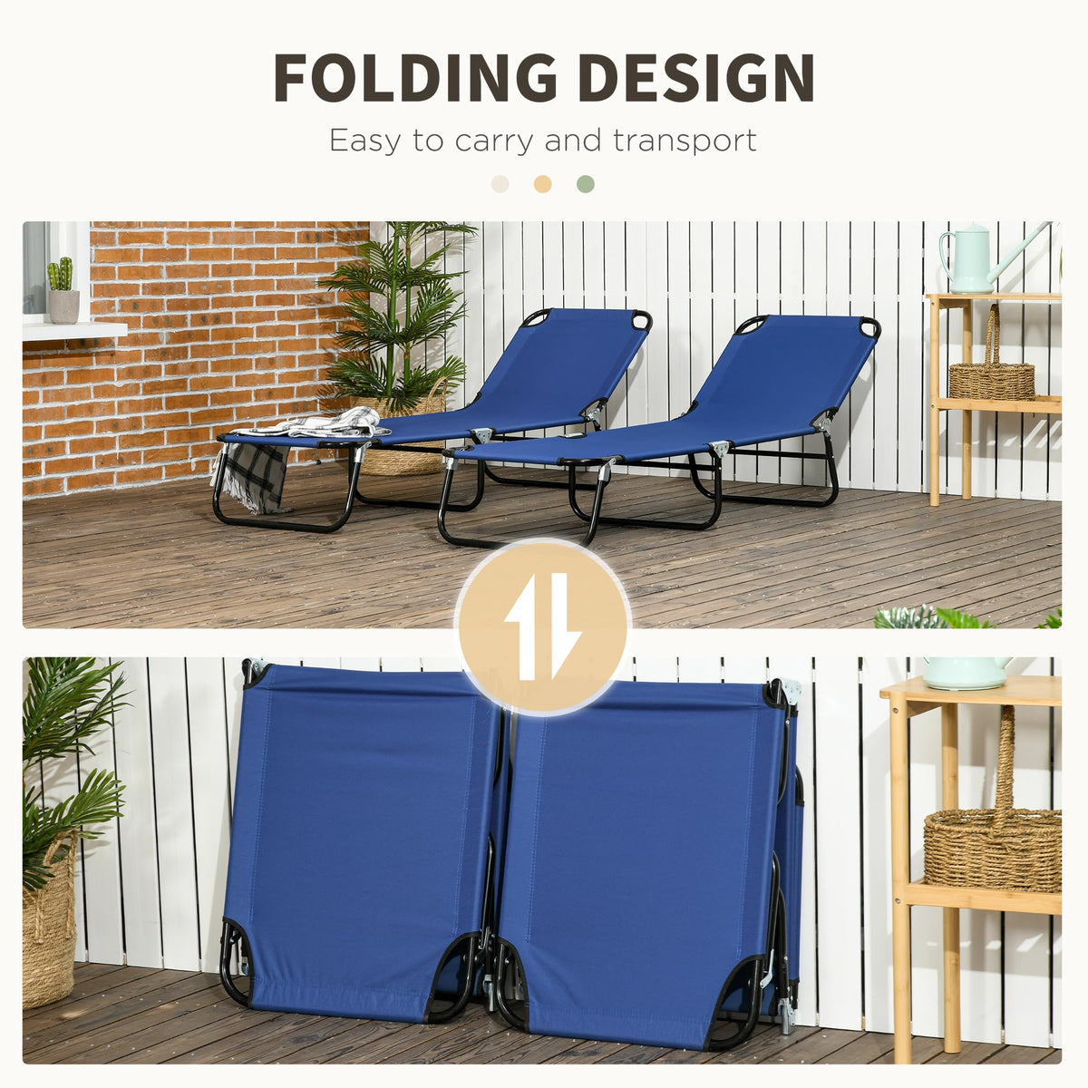 Blue 2 Pieces Folding Chaise Lounge Chair with 5-Level Back H7387