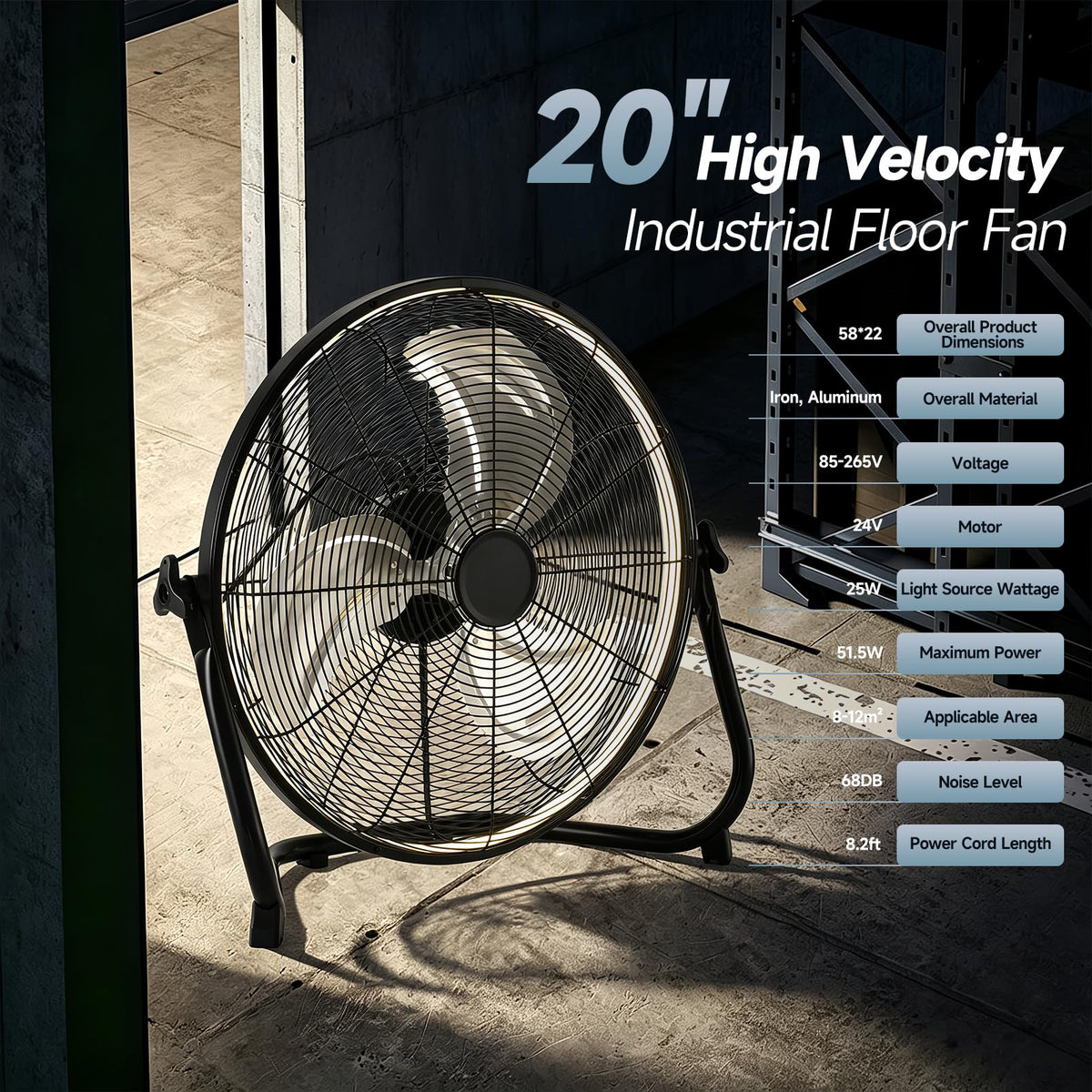 20" High Velocity Metal Floor Fan with Light K625989
