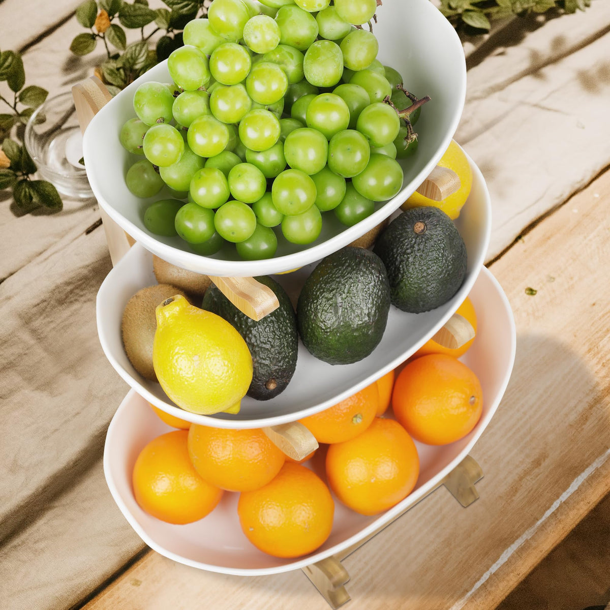 3 Tier Ceramic Fruit Bowl with Bamboo Stand W41092