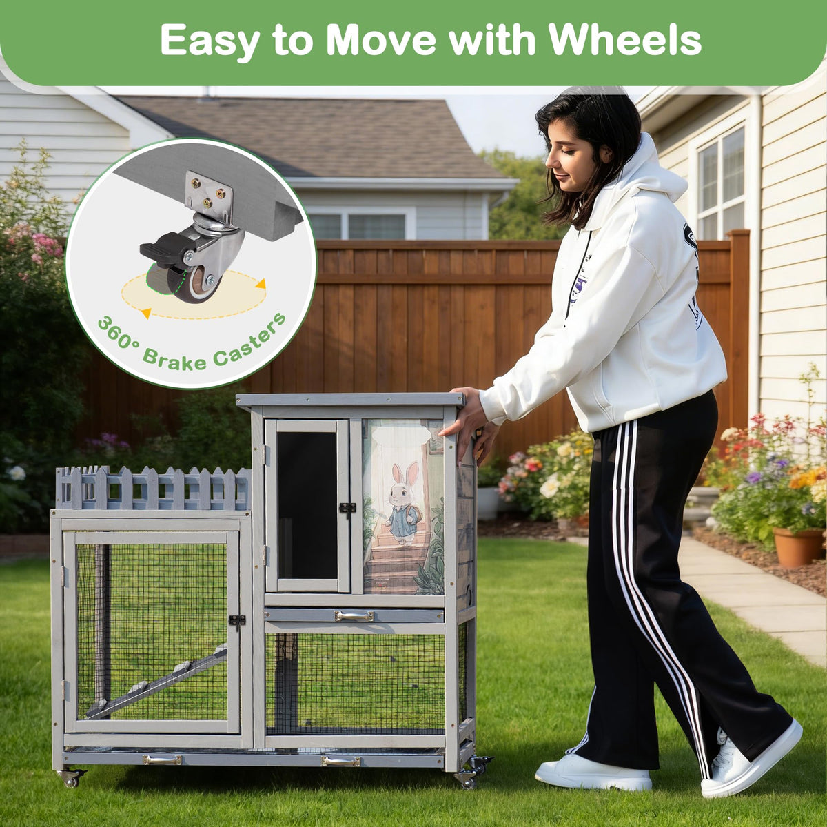 Wood Rabbit Hutch with Balcony on Wheels J235021